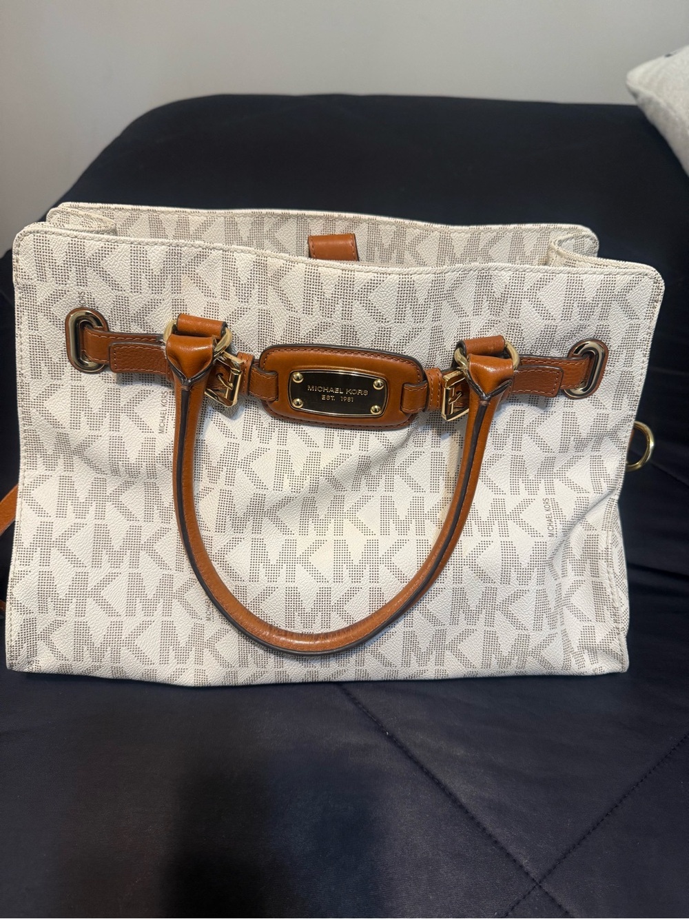 Michael Kors White MK Logo Satchel with Brown Leather Handles